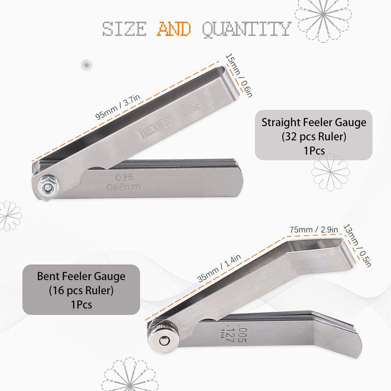 Rustark 2 Pack Stainless Steel Offset Feeler Gauge Set Standard SAE Dual Marked Metric and Imperial Tool 0.04-0.88mm for Measuring Gap Width