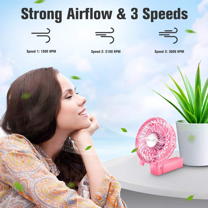 VersionTECH. Mini Handheld Fan, USB Desk Fan, Small Personal Portable Table Fan with USB Rechargeable Battery Operated Cooling Folding Electric Fan for Travel Office Room Household Pink