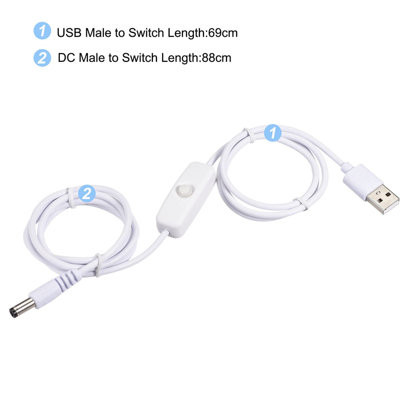 MECCANIXITY USB Cable with ON/Off Switch, USB Male to 5.5x2.1mm DC Male Extension Cord 150cm White, for LED Desk Lamp LED Strip