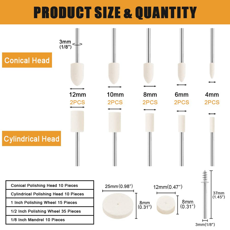 80PCS Wool Felt Polishing Discs, Wool Felt Mounted Mandrel Polishing Set with 1/8" Shank Polishing Accessories for Dremel Rotary Tool Jewelry Metal Glass