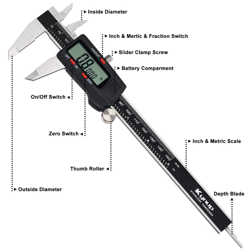 Kynup Caliper Measuring Tool, Digital Micrometer Caliper Tool, Vernier Caliper with Stainless Steel, Large LCD Screen, Auto - Off Feature, Inch Metric Fraction Conversion (6Inch/150mm)