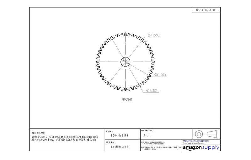 Boston Gear G179 Spur Gear, 14.5 Pressure Angle, Brass, Inch, 32 Pitch, 0.250" Bore, 1.562" OD, 0.062" Face Width, 48 Teeth