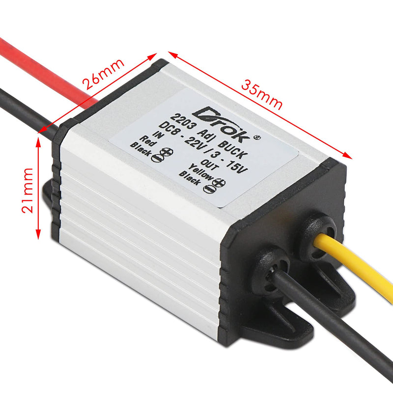 DROK - 90010 Waterproof DC Buck Converter Voltage Regulator 8-22V to 1-15V 5V 12V 3A Adjustable Output Power Supply Transformer