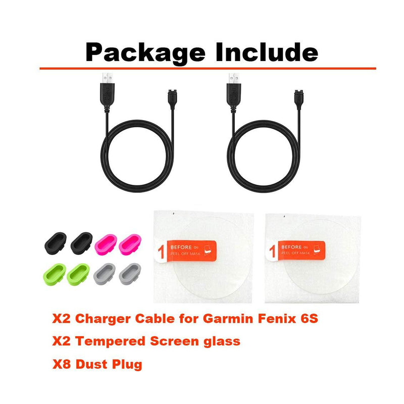 2Pack for Garmin Fenix 6S/6S Pro/ 6S Sapphir/6S Solar Charging Clip Sync Data Cable and 2Pcs Free HD Tempered Glass Screen Protector and 8pcs Charger Port Protector for Smart Watch