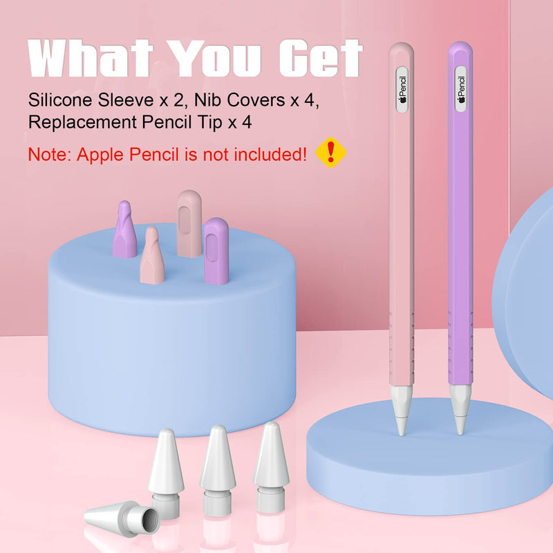 2 Pack Apple Pencil 2nd Generation Case: Soft Protective Sleeve Accessories for Apple Pen 2nd Gen, Silicone Grip Skin for Apple Pencil 2 Gen w/ 4 Replacement Pencil Tips, 4 Nibs Cover, Pink + Purple Apple Pencil 2nd Gen Accessories Set Purple + Pink
