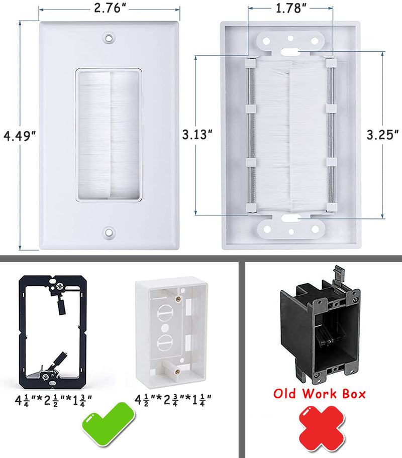 Single Brush Wall Plate 2-Pack,Single Gang faceplate Cable Pass Through Insert Wall Socket for HDTV, HDMI, Network, Coaxial Cables, Speaker Wires White