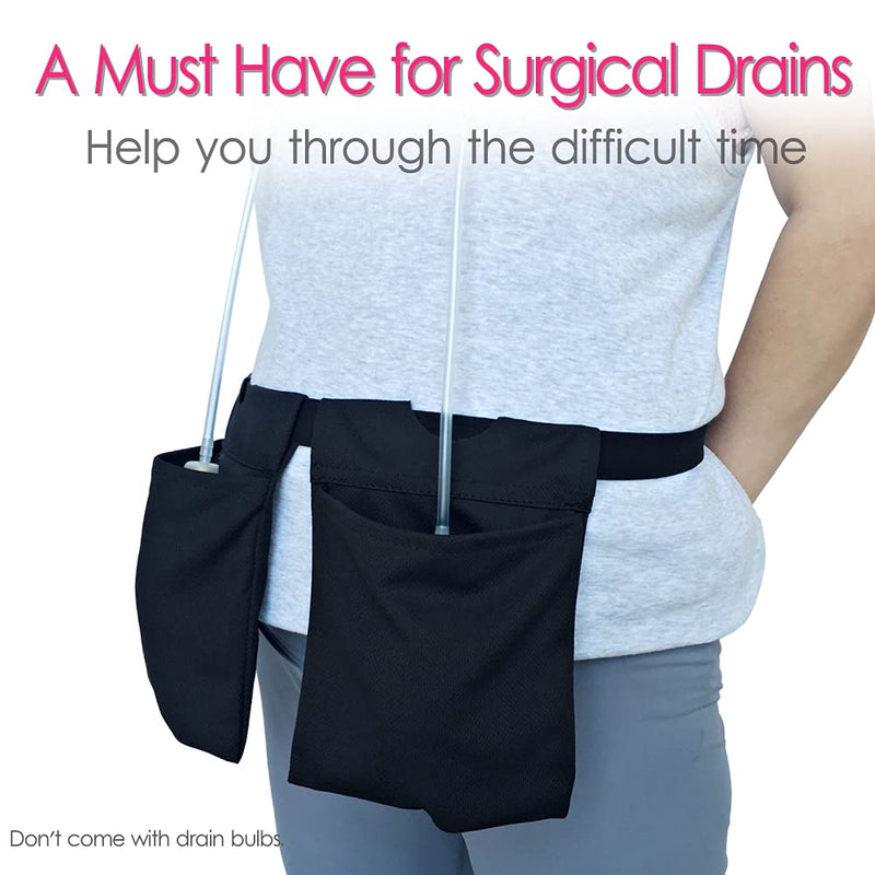 Drain Pouch Holder Adjustable Mastectomy Drainage Pockets Belt for Breast Cancer Surgery Reconstruction Post-Mastectomy JP Drain Bulbs Tummy Tuck Recovery Black Drain Pouch