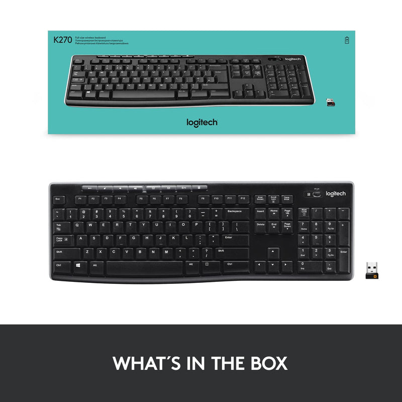 Logitech K270 Wireless Keyboard for Windows, 2.4 GHz Wireless, Full-Size, Number Pad, 8 Multimedia Keys, 2-Year Battery Life, Compatible with PC, Laptop Keyboard K270