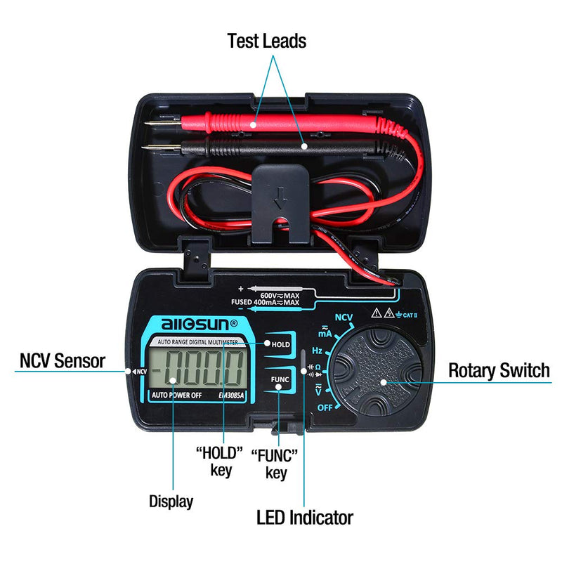 allsun em3085a 3 3/4 Digits Auto Ranging Pocket Digital Multimeter Mini Electrical Mete AC/DC Ohm Volt Amp Capacitance Frequency Diode Continuity LCD Home Measuring Tool Autoranging