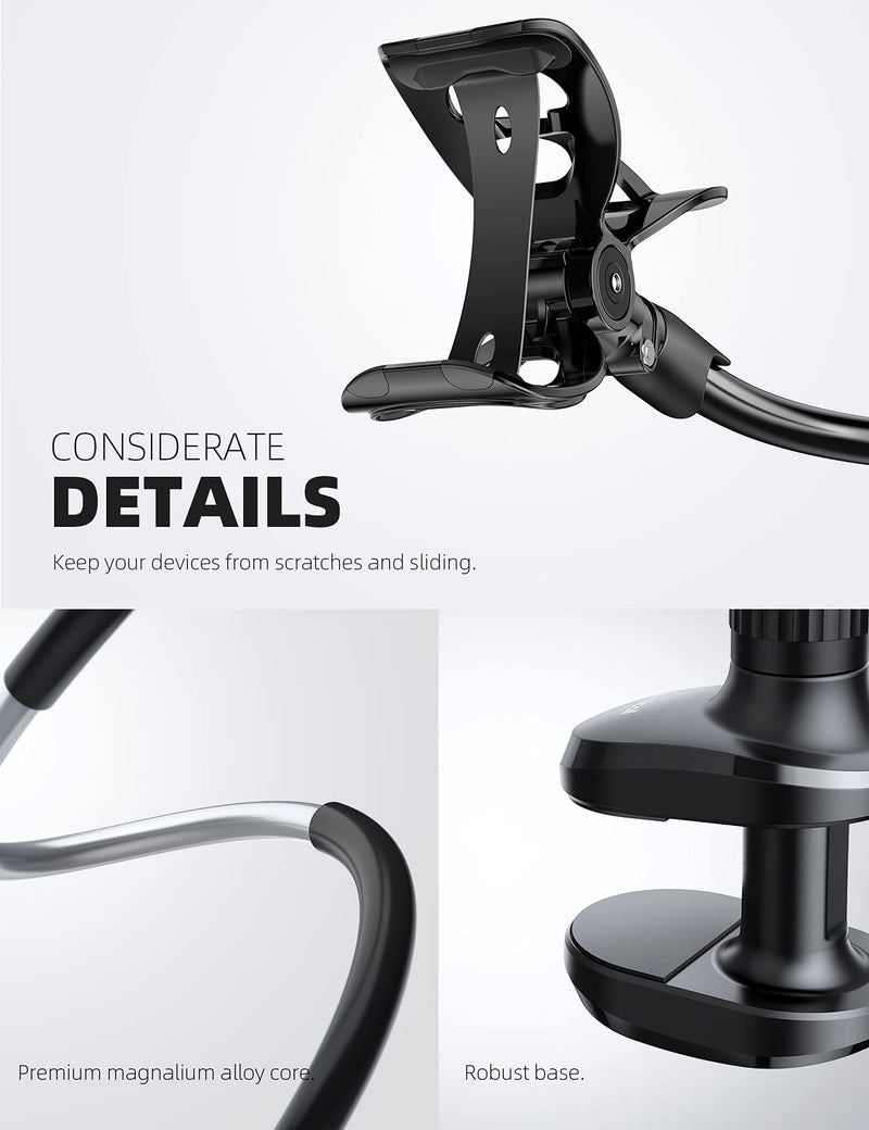 Phone Holder Bed Gooseneck Mount - Lamicall Flexible Arm 360 Mount Clip Bracket Clamp Stand for Cell Phone XS Max XR X 8 7 6 Plus 5 4, S10 S9 S8 S7 S6, Overall Length 33.4In(Black) Black