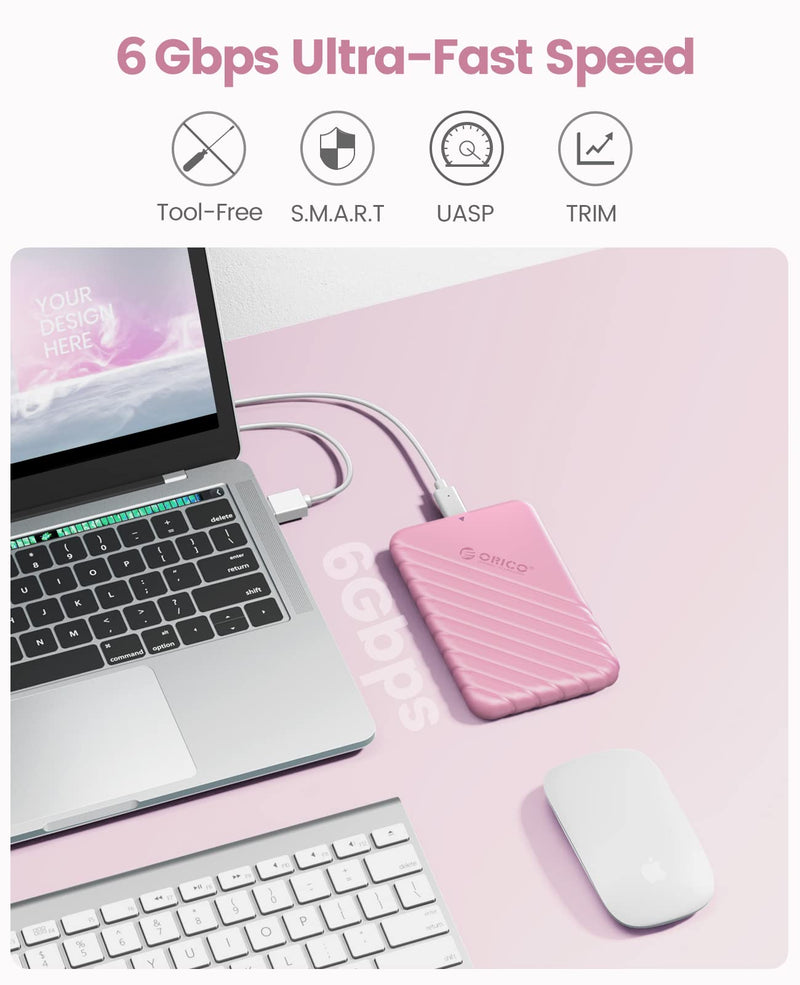 ORICO 2.5 inch USB C Hard Drive Enclosure USB 3.1 Gen 2 to SATA III External Hard Drive Case for SSD HDD 9.5 7mm Tool-Free with UASP, Pink (25PW1-C3) 25PW1-C3-PK
