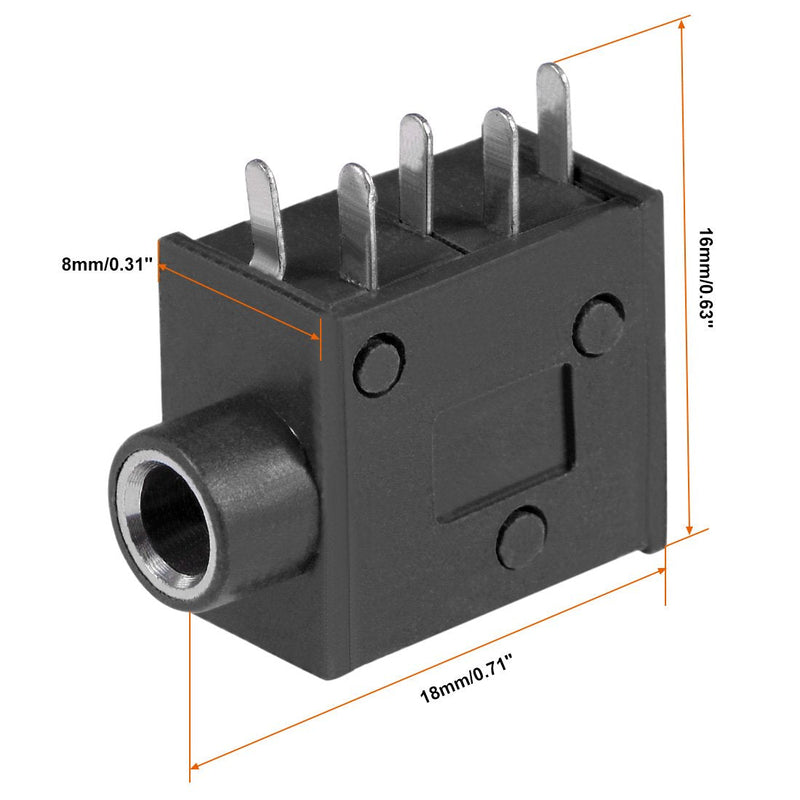 uxcell 6Pcs PCB Mount 3.5mm 5 Pin Socket Headphone Stereo Jack Audio Video Connector Black PJ325