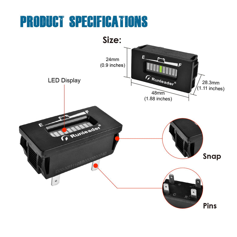 Runleader 12/24V 36V 48V LED Battery Capacity Meter - Charge and Discharge Monitor,Used for Lead-Acid Battery,Works on Golf Club Forklift Scrubber Machine RV Racing Kart(RL-BI028-48V) RL-BI028-48V