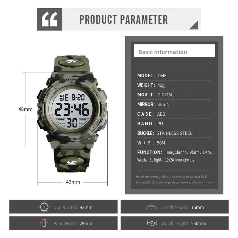 Boys Watch Digital Sports Waterproof Electronic Childrens Kids Watches Alarm Clock 12/24 H Stopwatch Calendar Boy Girl Wristwatch Camo Green