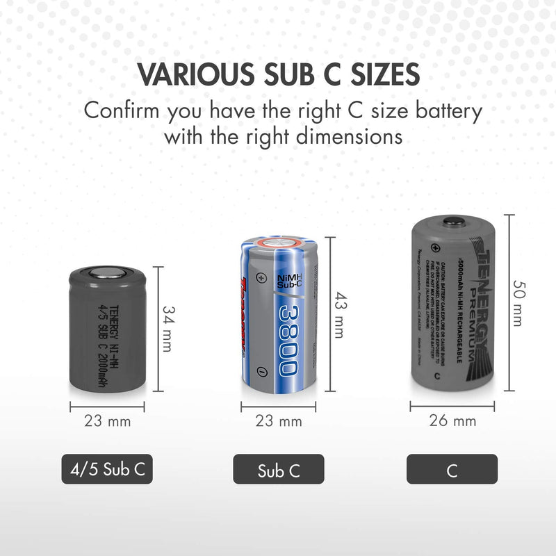 Tenergy NiMH SubC 1.2V 3800mAh Rechargeable Batteries, with Tabs, 10 Pack