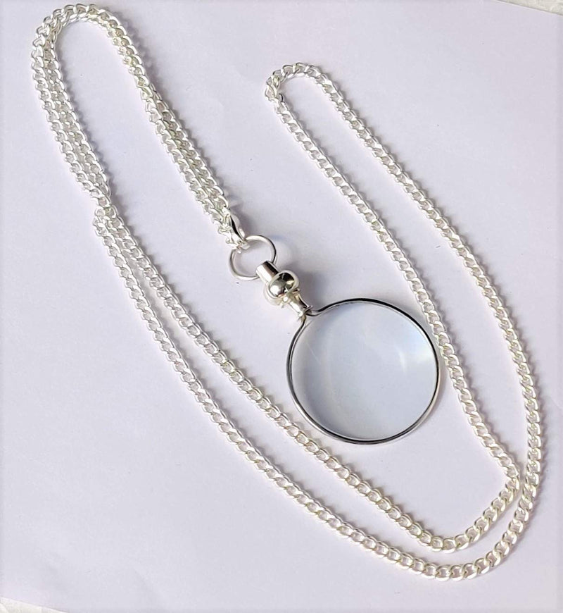 Castle Instruments Silver Coated Magnifying Glass, Optical Magnifier Lens with A Beautiful Necklace Chain Monocle for Library Reading Fine Print Zooming Increase Vision Jewelry ()