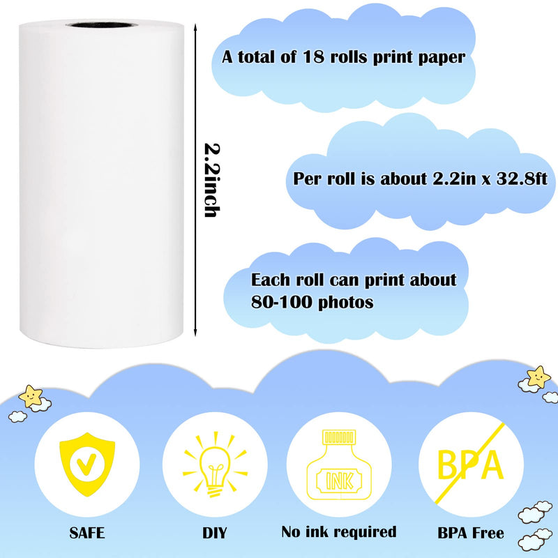 18Rolls Kids Instant Camera Refill Print Paper-White Thermal Printer Photo Paper Kids Camera for Kid's Instant Camera Favors Supplies-2.2 x 1.2 Inch