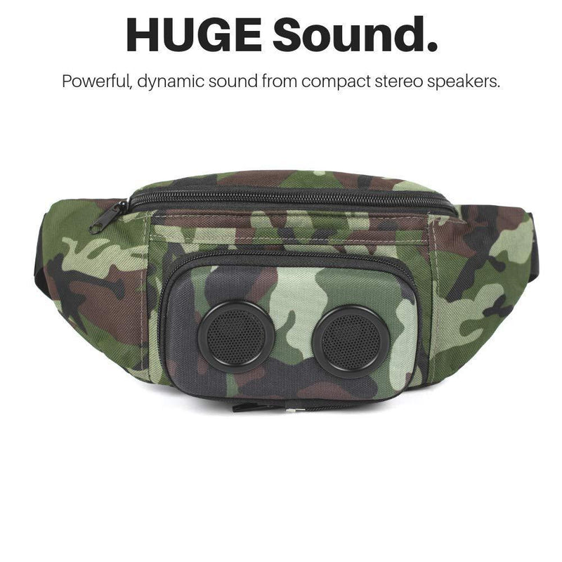 Fannypack with Speakers. Bluetooth Fanny Pack for Parties/Festivals/Raves/Beach/Boats. Rechargeable, Works with iPhone & Android. (Camo, 2021 Edition)