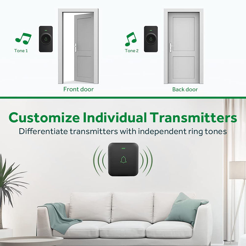 Wireless Door Bell, AVANTEK CB-21 Mini Waterproof Wireless Doorbell Operating at Over 1000 Feet, 2 Remote Buttons Can Have Different Tones, 52 Melodies, CD Quality Sound and LED Flash Black