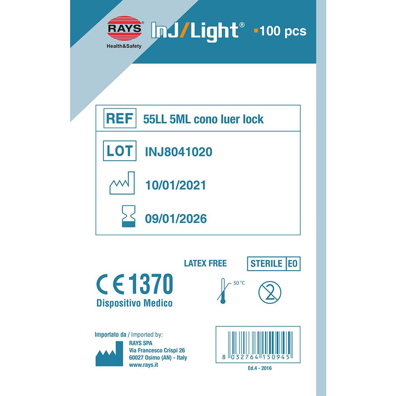 Rays- INJ/LIGHT injection syringes without needle, Luer lock cone, sterile, disposable, latex-free, volume 5 ml, pack of 100 5 ml - 100 pcs