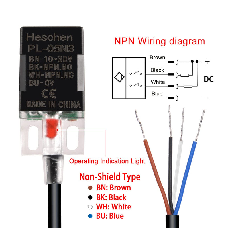Heschen Square Inductive Proximity Sensor Switch Non-Shield Type PL-05N3 Detector Distance 5mm 10-30VDC 200mA NPN NO+NC 4 Wire