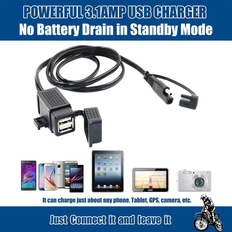 MOTOPOWER MP0609C 3.1Amp Waterproof Motorcycle Dual USB Charger Kit SAE to USB Adapter Cable Phone Tablet GPS Charger