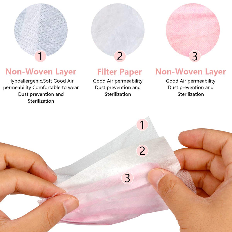 Wecolor 100 Pcs Disposable 3 Ply Earloop Face Masks, Suitable for Home, School, Office and Outdoors (Pink) 100 Count (Pack of 1) Pink