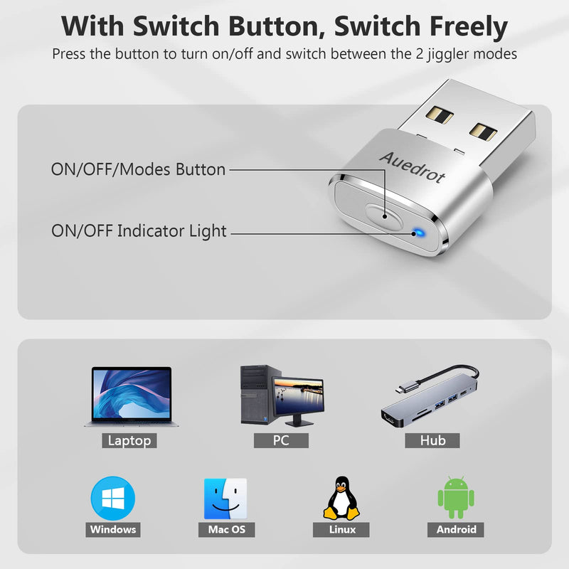 Mouse Jiggler Undetectable Metal USB Mouse Mover with Switch Button, Automatic Mini Mouse Shaker with 2 Jiggle Modes, Mouse Simulator, Driver-Free, Plug & Play, Keep Computer/Laptop Awake, Silver 1 PCS