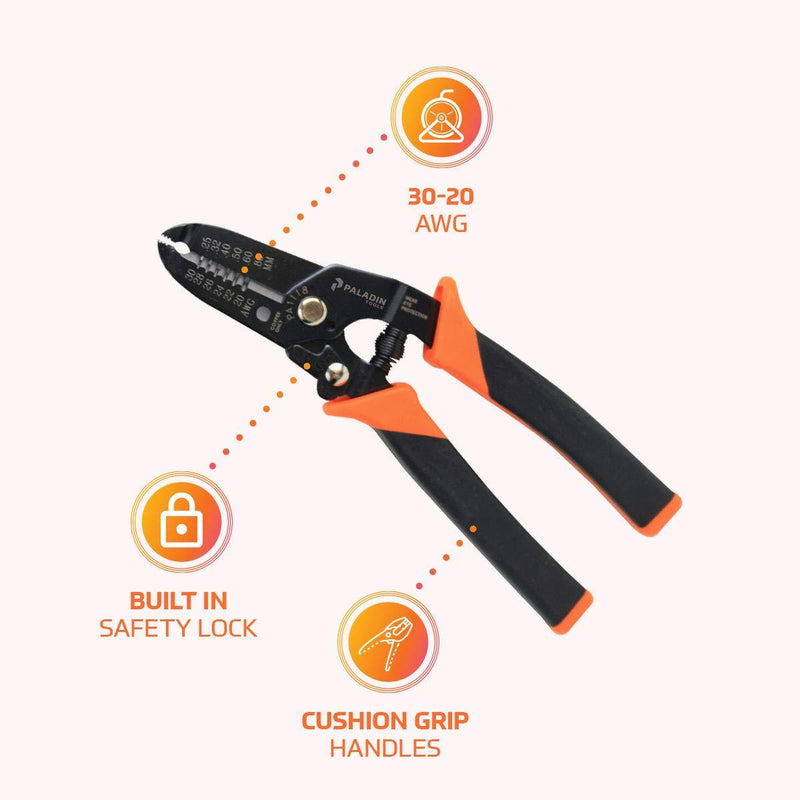 Wire Stripper and Cutter by Paladin Tools - 30-20 AWG Solid and Stranded Wire, Electrician - Spring-Loaded, Locking Handle, Comfortable