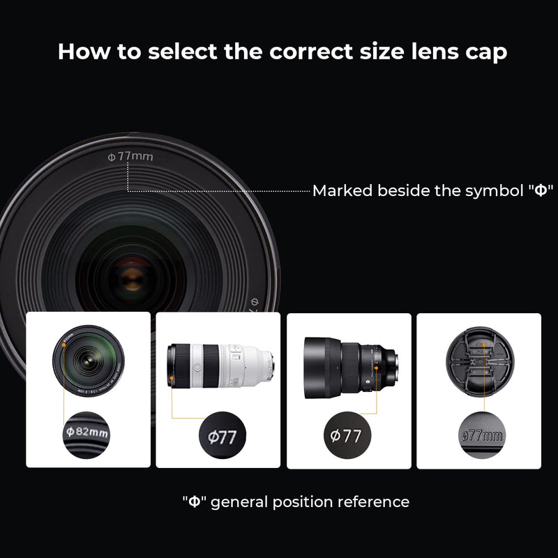 K&F Concept 77mm Lens Cap Cover, 4-in-1 Center Pinch Lens Cover + Anti-Loss Keeper Leash + Microfiber Cleaning Cloth Kits Compatible with Nikon, Canon, Sony, Fujifilm Camera Lenses