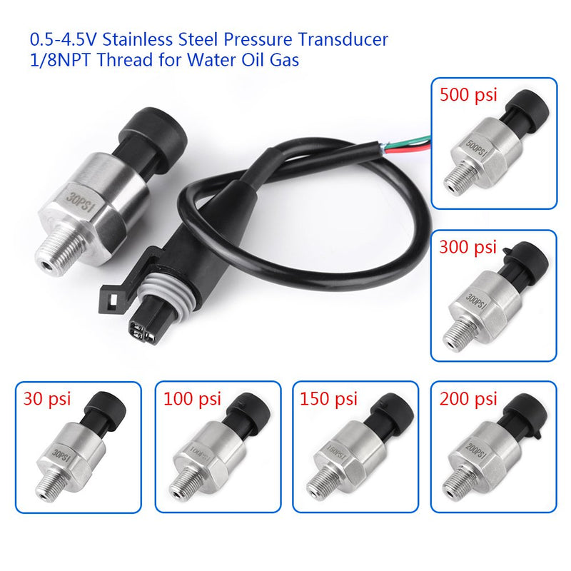 Pressure Transducer Sender Sensor, 1/8NPT Thread Stainless Steel Pressure Transducer for Oil Fuel Air Water Pack of 2(100PSI) 100PSI