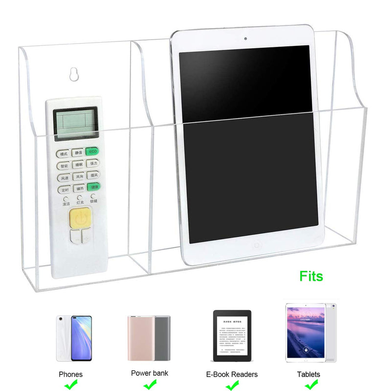 VANCORE Clear Wall Mounted Phone Holder Stand Remote Control Holder Media Organizer Caddy with Holes for Charging Phone Tablet Holder Station Large Enough New-2 Slots