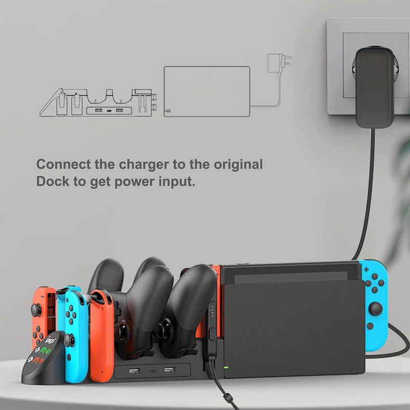 FastSnail Charging Dock Compatible with Nintendo Switch Pro Controllers and for Joy Cons & OLED Model for Joycon,Multifunction Charger Stand for Switch with 2 USB 2.0 Plug and 2.0 Ports Black