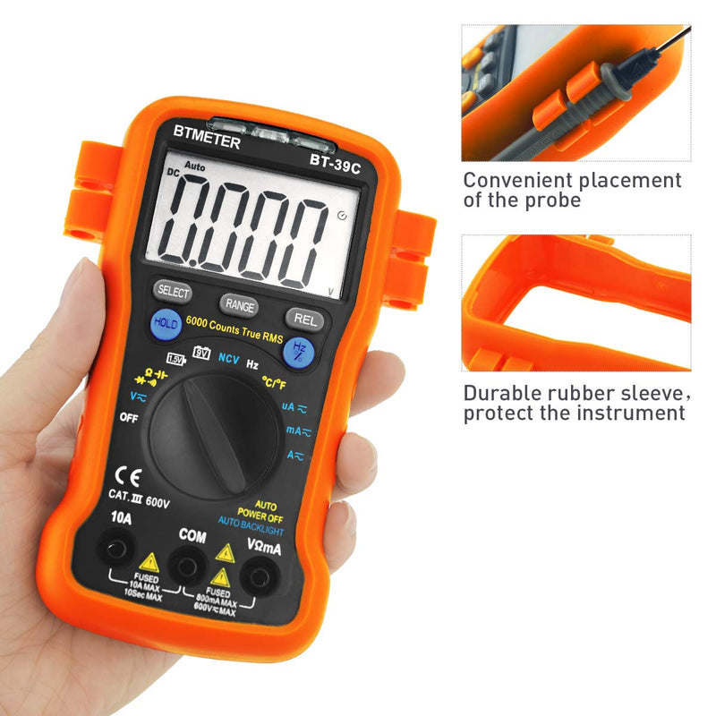 BTMETER BT-39C True RMS Digital Multimeter Auto Ranging for AC DC Voltage,Current, Resistance, Capacitance Tester with Temp Battery LED Test Auto Backlit Orange