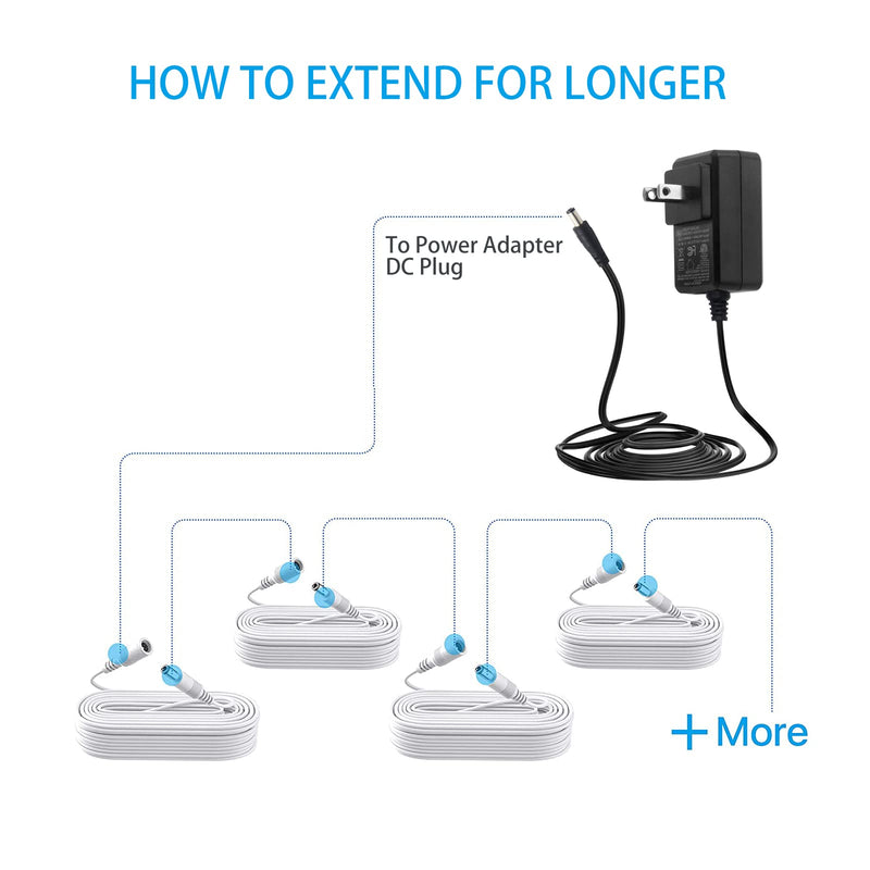 2 Pack 33ft/10M Power Extension Cable, 2PCS DC 12V Power Adapter Extension Cord 2.1mm x 5.5mm, Compatible with 12V DC Adapter Power Supply or Wall Charger for CCTV Security Camera IP Camera(White) 2Pack White