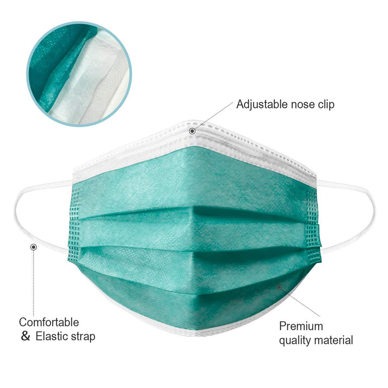 Disposable Face Mask 4-Ply for Adult, Soft Face Masks, Breathable Safety Mask Green