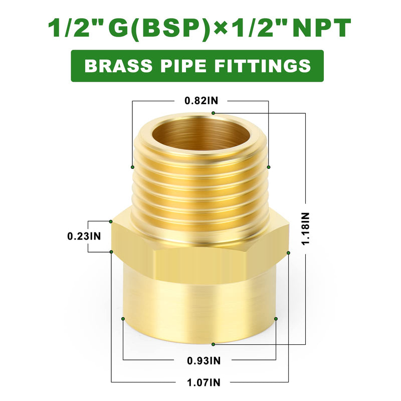 TAISHER 2 PCS Brass Pipe Fitting, Adapter, 1/2" NPT Male x 1/2" G Thread (BSP) Female 1/2" NPT Male x 1/2" G (BSP) Female