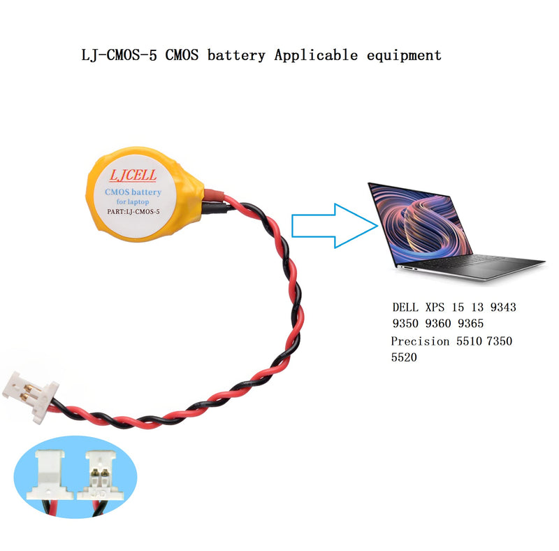 LJCELL CMOS ML1220 Battery for DELL XPS 13 15 9343 9350 9360 9365 BIOS RTC ML1220 Battery with 2 Wire Cable and Connector CMOS-ML1220-5 1 Count (Pack of 1)