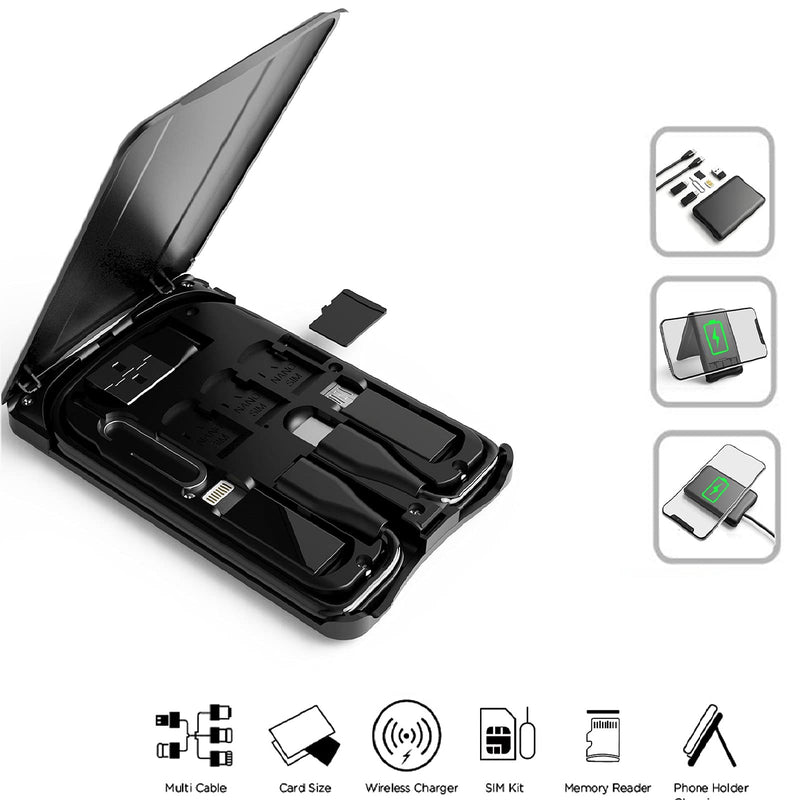 Data Cable Box with Wireless Charger, Multi-Type Charging Cable Convertor, Multi-Function Wireless Charger Adapter, Built-in Card Reader, Can Use as Phone Holder