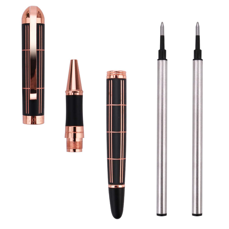 Rose Gold Gel Ink Rollerball Pen - Geometric Stripe Style Copper Grip Metal Pens in Adorable Box with 1 Extra Refill (Black Ink, 0.7mm Fine Point)