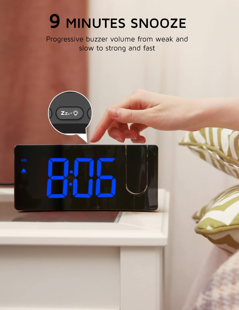 Projection Alarm Clock, Digital Clock with 180° Rotatable Projector, 3-Level Brightness Dimmer, Clear LED Display, USB Charger, Progressive Volume, 9mins Snooze,12/24H, Digital Alarm Clock for Bedroom Blue Digit+blue Projection
