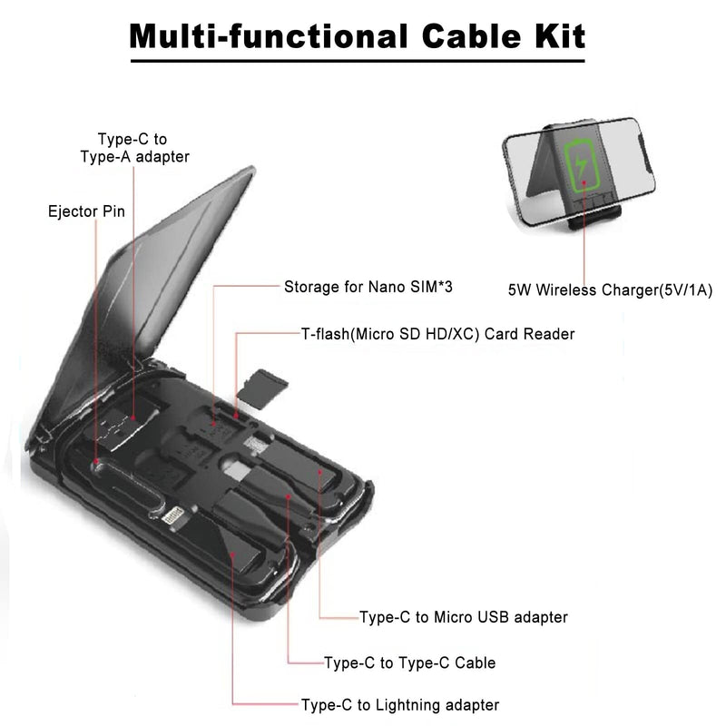 Data Cable Box with Wireless Charger, Multi-Type Charging Cable Convertor, Multi-Function Wireless Charger Adapter, Built-in Card Reader, Can Use as Phone Holder