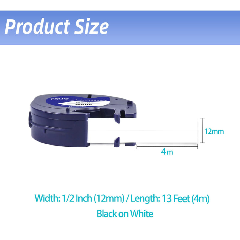Compatible for Dymo LetraTag Plastic Refill 1/2", Black Print on White Plastic Tape 91331 12mm LT Tape Refills for Dymo LetraTag LT-100H LT-100T QX50 LT-100H Plus, 1/2 Inch x 13 Ft, 5 Pack