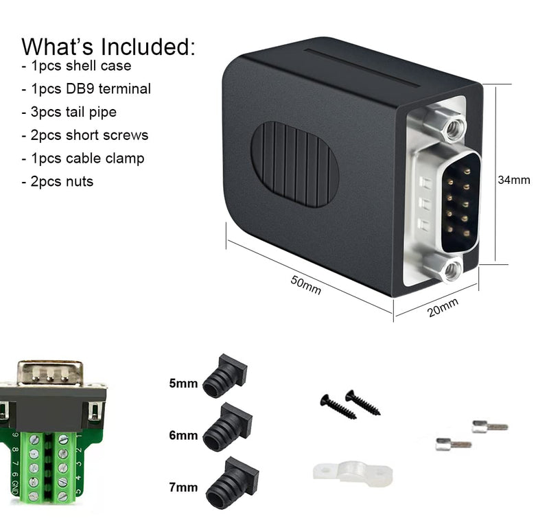 DTECH DB9 Breakout Connector DB-9 Male RS232 Serial Adapter Solderless Module Board with Terminals Block, Case, Nuts and Tail Pipes (DB9 Male + Nuts) DB9 male + nuts