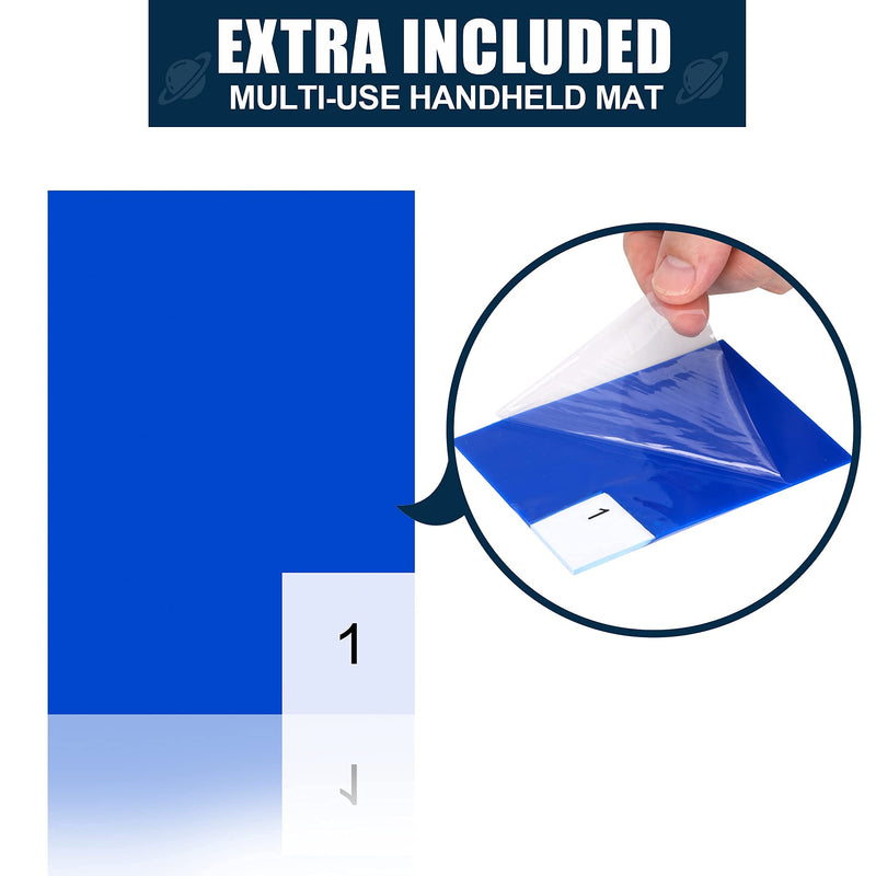 Sticky Mat for Construction or Cleanroom Floor - 4 Pack Adhesive Mats 17’’ x 13’’ - 30 Tacky Sheets Per Mat - Removes Dirt Dust Debris Sand Hair - Includes Handheld Mat