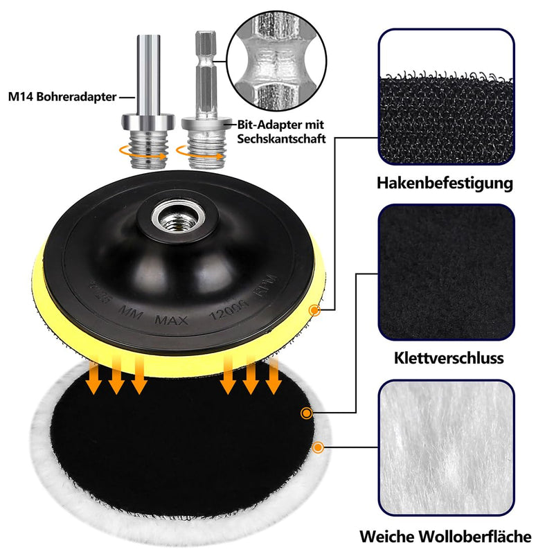 Polishing attachment, angle grinder, polishing hood, polishing sponge, 80 mm, Velcro polishing disc, polishing pads, 5 pieces of wool polishing attachment, polishing pad with 6 angle handle, round adapter, easy to replace