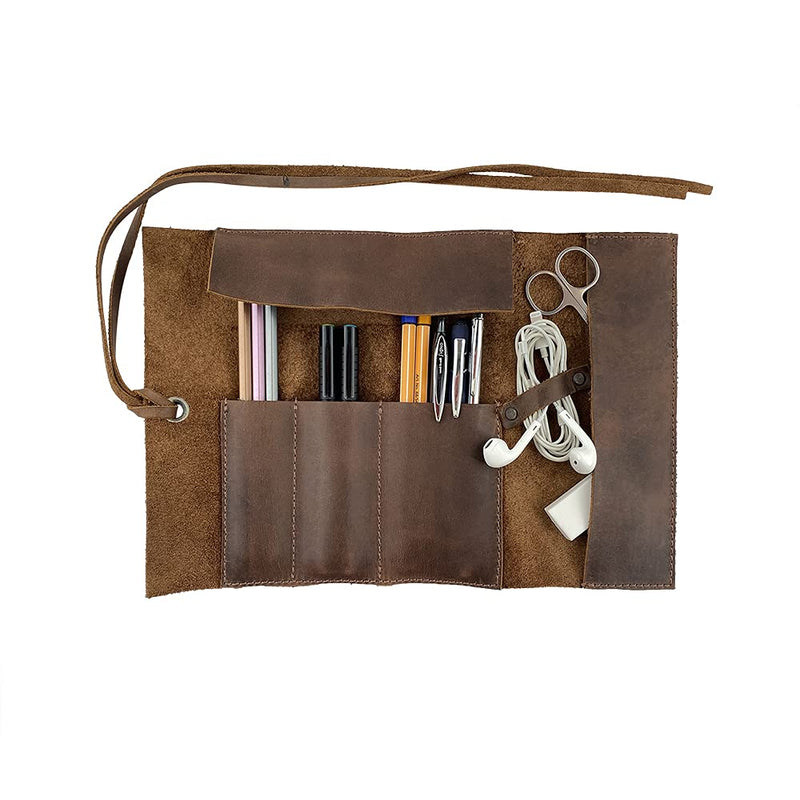Hide & Drink, Rustic Leather Pencil Roll Pouch, Multi Purpose Storage Wrap for Scissors, Earphones, Organizer for Craft, Work, Study, Handmade Includes 101 Year Warranty :: Bourbon Brown
