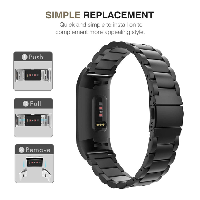 MoKo Band Compatible with Fitbit Charge 3/Charge 4, Premium Stainless Steel Metal Watch Band Replacement Strap Band Bracelet with Watch Lugs Fit Fitbit Charge 3/Charge 4 - Black