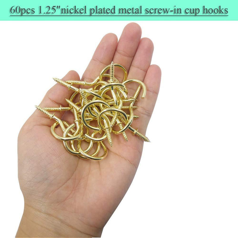 60 Pcs Cup Hooks Screw in 1-1/4 Inch with a Plastic Storage Box, Ceiling Hooks for Hanging Plants, 1-1/4 Inch Nickel Plated Metal Screw-in Ceiling Hooks, Coffee Mug Hanger Hooks (Gold)