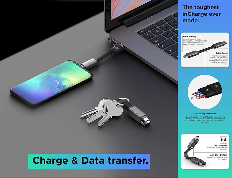 inCharge 6 - The Six-in-One Swiss Army Knife of Cables, Portable Keyring Compatible with Apple iPhone/USB/USB-C/Micro USB Cable for All of Your Devices (Saturn Gold) Saturn Gold